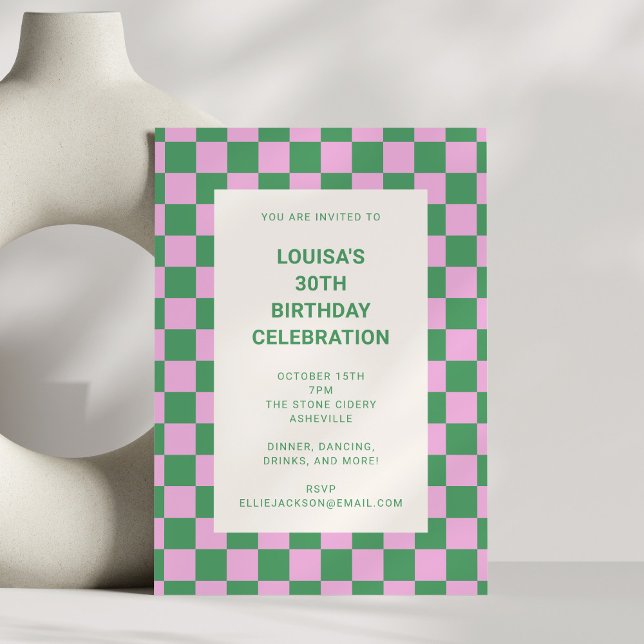 Pink and Green Chequerboard 30th Birthday Party Invitation (Creator Uploaded)