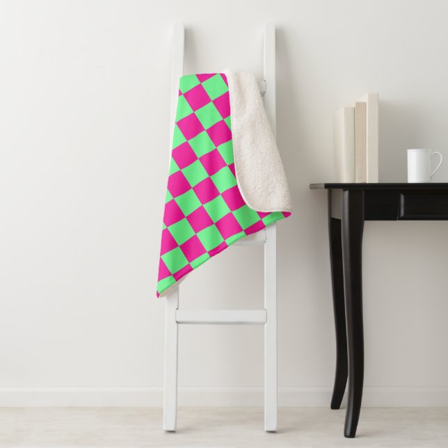 Pink and Green Chequered Print Sherpa Blanket (In Situ)