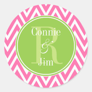 Pink and Green Chevrons Monogram Classic Round Sticker