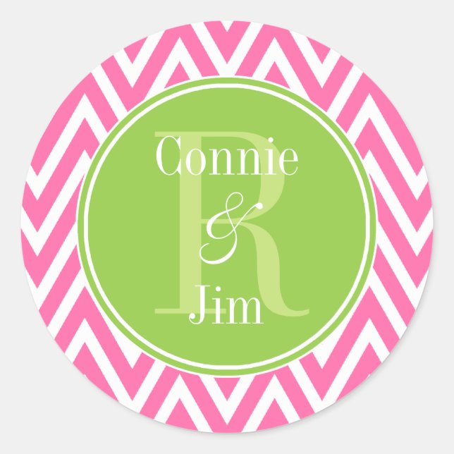 Pink and Green Chevrons Monogram Classic Round Sticker (Front)