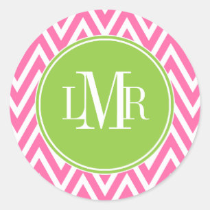 Pink and Green Chevrons Monogram Classic Round Sticker