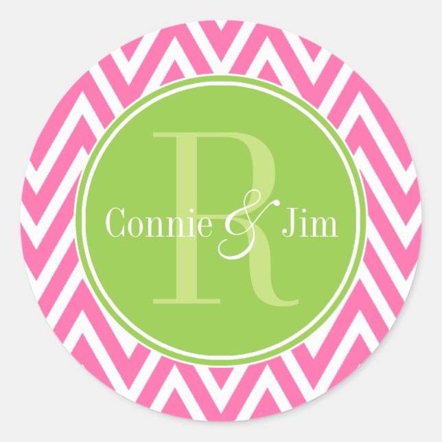 Pink and Green Chevrons Monogram Classic Round Sticker (Front)