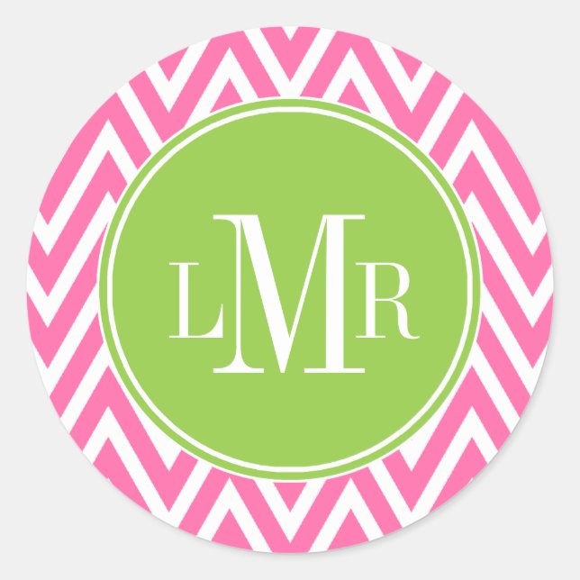 Pink and Green Chevrons Monogram Classic Round Sticker (Front)