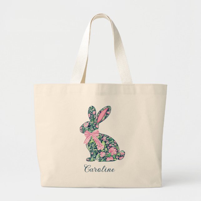 Pink and Green Chinoiserie Bunny With Bow Large Tote Bag (Front)