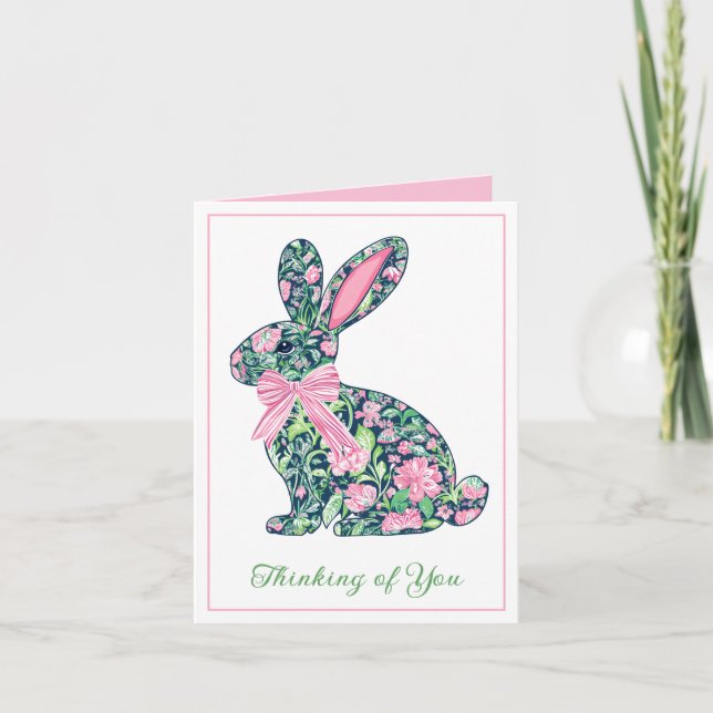 Pink and Green Chinoiserie Bunny With Bow Note Card (Front)