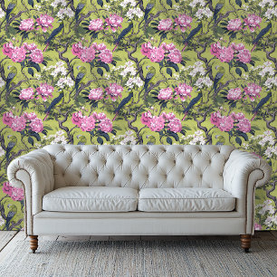 Pink and Green Chinoiserie Style Floral Wallpaper 