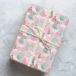 Pink and Green Christmas Gingerbread Town Wrapping Paper