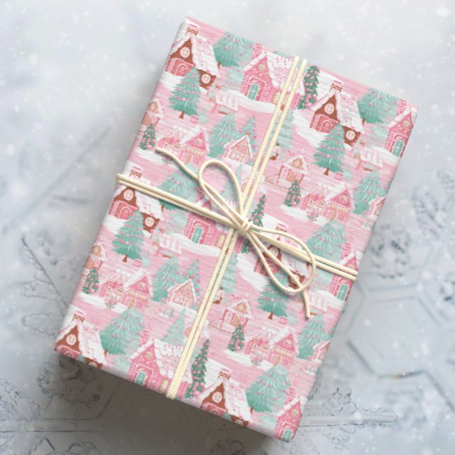 Pink and Green Christmas Gingerbread Town Wrapping Paper (Creator Uploaded)