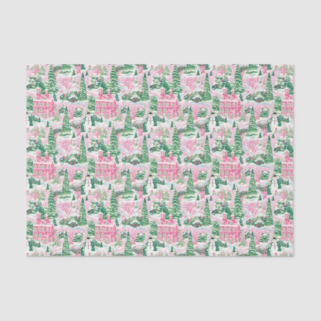 Pink and Green Christmas Houses Tissue Paper (Front)