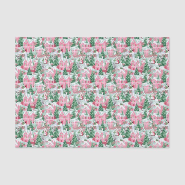 Pink and Green Christmas Snowman Village Tissue Paper (Front)