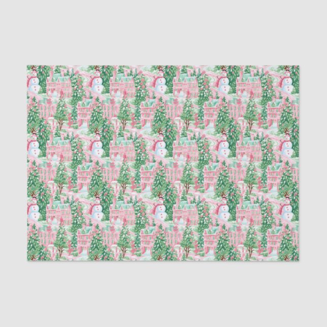 Pink and Green Christmas Snowman Village Tissue Paper (Front)