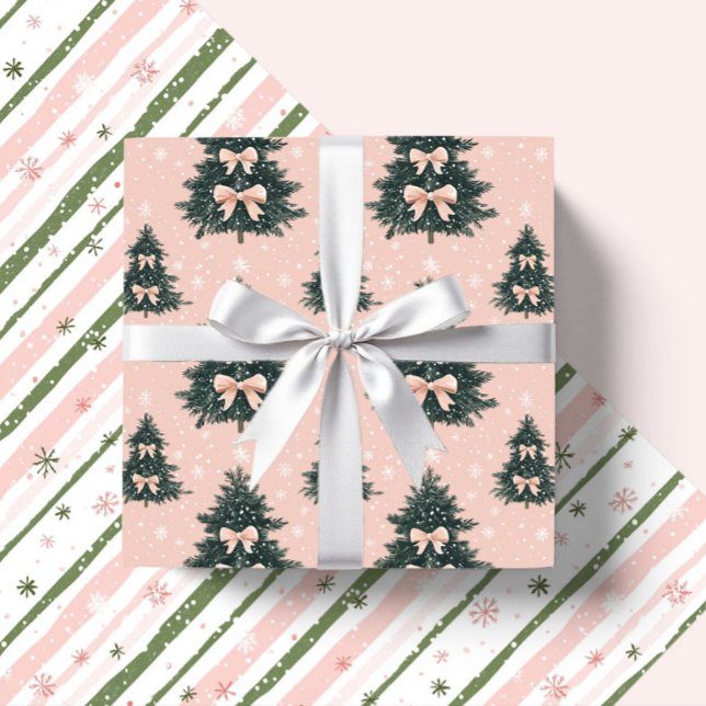 Pink And Green Christmas Tree Bows Candy Canes Wrapping Paper Sheet (Creator Uploaded)