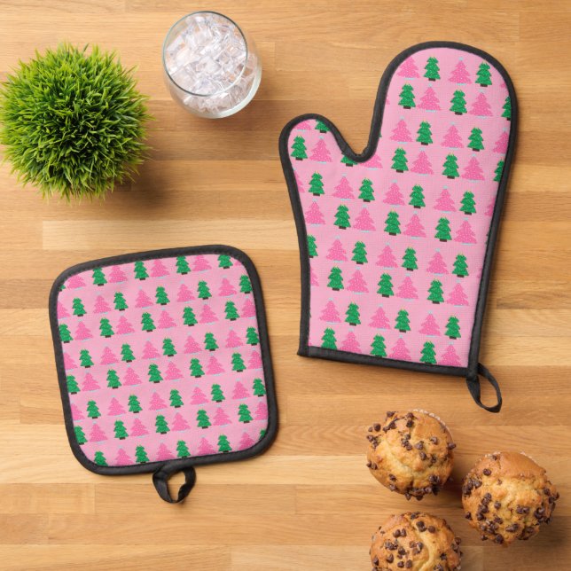Pink and Green Christmas Trees Accent Pillow Oven Mitt & Pot Holder Set (Top Down)