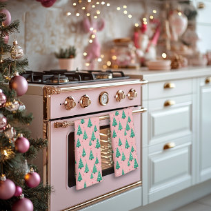 Pink and Green Christmas Trees Kitchen Towel