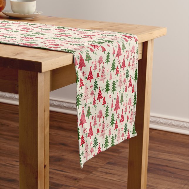 Pink and Green Christmas Trees Medium Table Runner (In Situ)