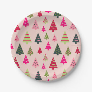 Pink and Green Christmas Trees Paper Plate