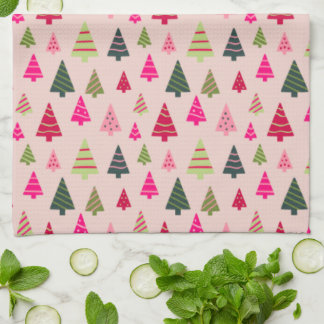 Pink and Green Christmas Trees  Tea Towel