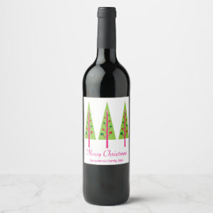 Pink and Green Christmas Trees Wine Label