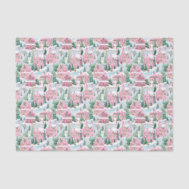 Pink and Green Christmas Village Tissue Paper (Front)