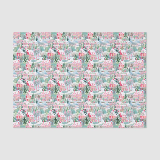 Pink and Green Christmas Village Tissue Paper (Front)