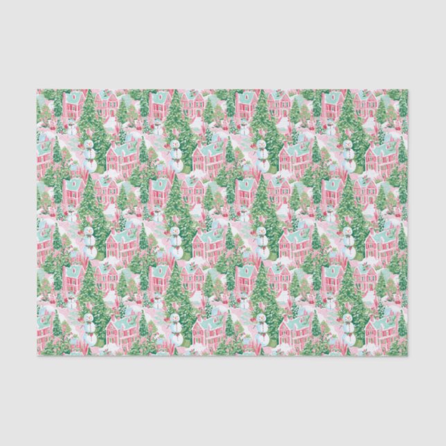 Pink and Green Christmas Village Tissue Paper (Front)