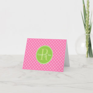 Pink and Green Circles Pattern Monogram Note Card
