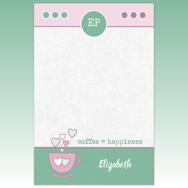 Pink and green coffee cup with a name post-it notes (Creator Uploaded)