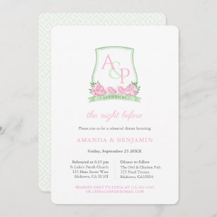 Pink And Green Crest Wedding Rehearsal Dinner Invitation