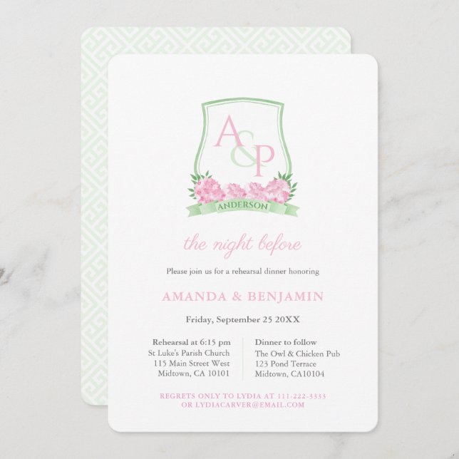 Pink And Green Crest Wedding Rehearsal Dinner Invitation (Front/Back)