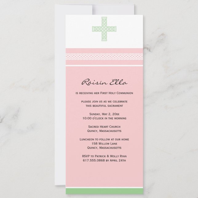 Pink and Green Cross First Communion Invitation (Front)