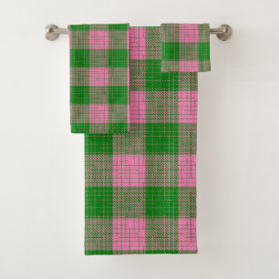 Pink and Green Crosshatch Chequered Pattern Bath Towel Set