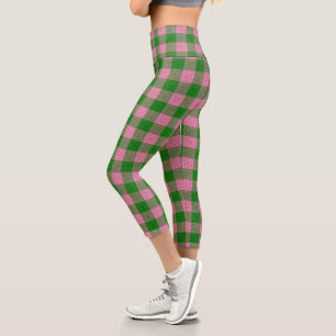 Pink and Green Crosshatch Chequered Pattern Capri Leggings