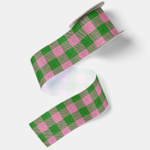 Pink and Green Crosshatch Chequered Pattern Satin Ribbon