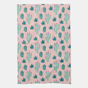Pink and Green Cute Cactus Drawing Pattern Tea Towel
