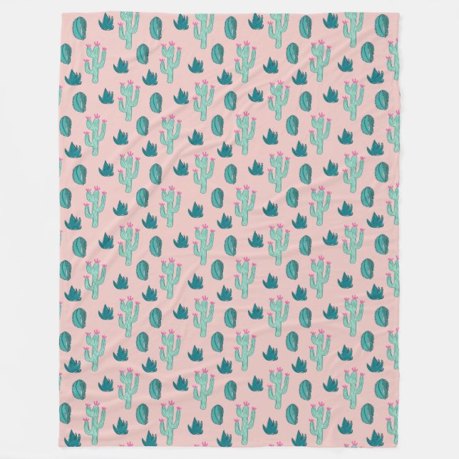 Pink and Green Cute Cactus Pattern Fleece Blanket (Front)