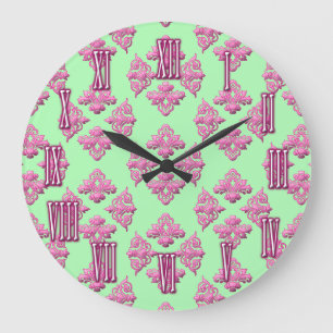 Pink and Green Damask Pattern Wall Clock