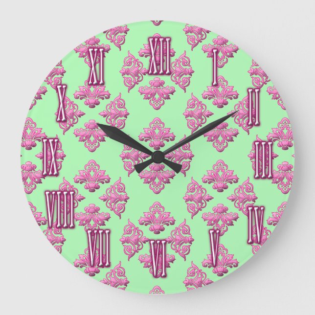 Pink and Green Damask Pattern Wall Clock (Front)