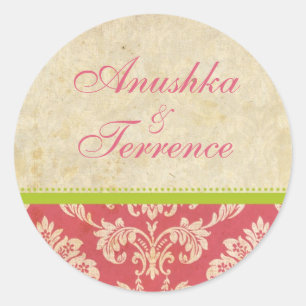Pink and Green Damask Stripe Wedding Sticker