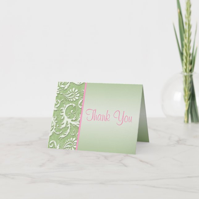 Pink and Green Damask Thank You Card (Front)