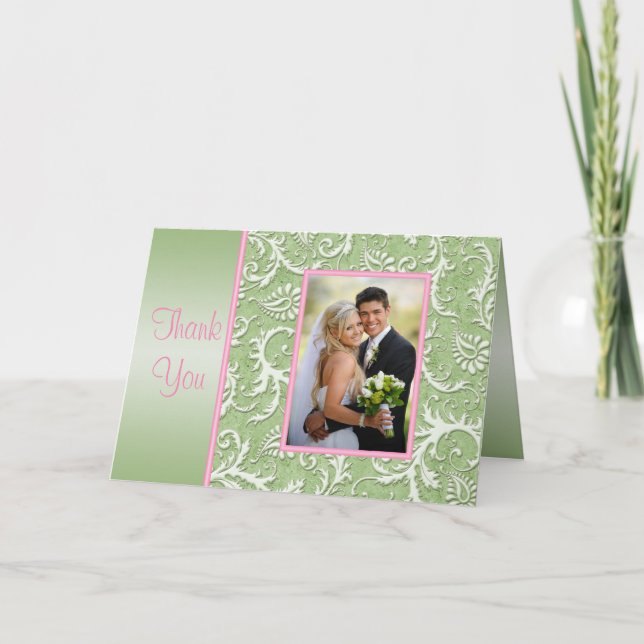 Pink and Green Damask Thank You Card with Photo (Front)