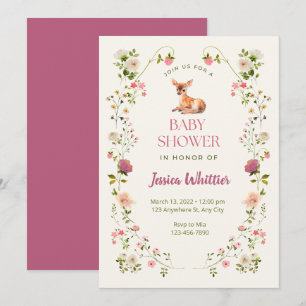 Pink and Green Deer and Floral Baby Shower Invitation