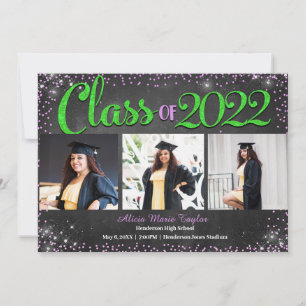 Pink and Green Diamonds Glitter Photo Graduation Invitation