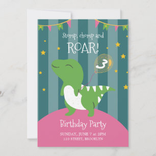 Pink And Green Dinosaur Birthday Party Invitation