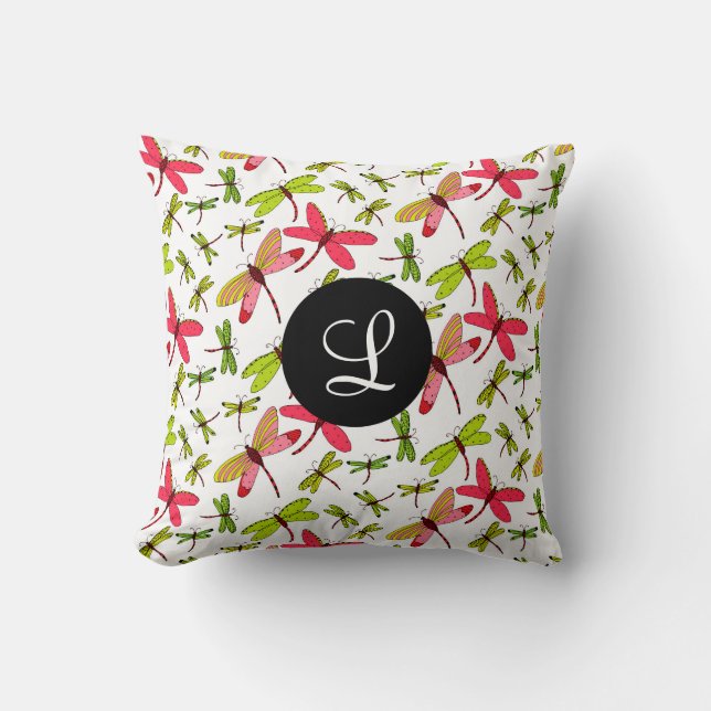 Pink and Green Dragonflies Monogram Cushion (Front)