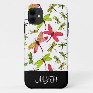 Pink and Green Dragonflies Monogram Initials iPhone 11 Case
