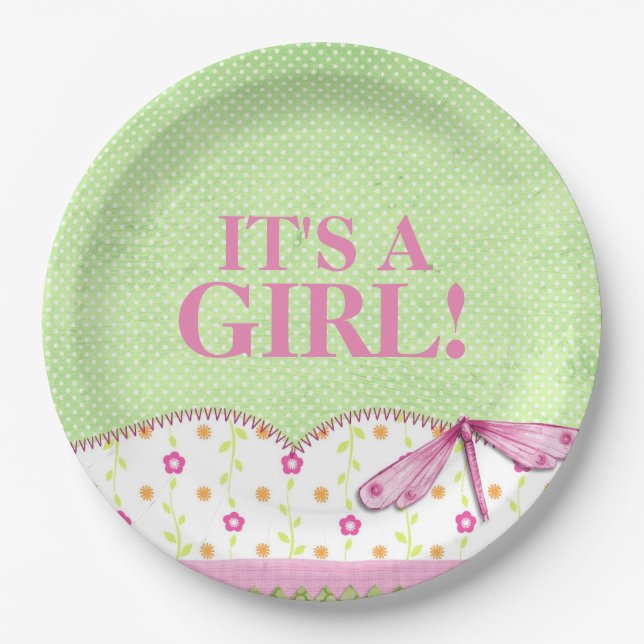 Pink and Green Dragonfly Baby Shower Paper Plate (Front)
