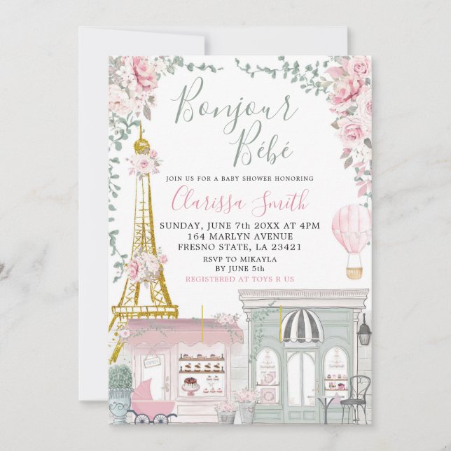 Pink and Green Eiffel French Bebe baby Shower Invitation (Front)