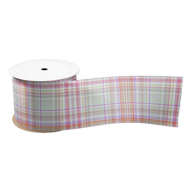 Pink and Green Elegant Modern Simple Plaid Pattern Satin Ribbon (Spool)