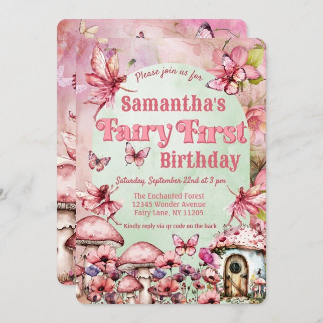 Pink and Green Fairy First Birthday QR Code Invitation (Front/Back)