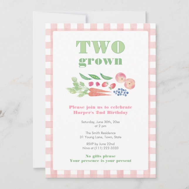 Pink and Green Farmers Market Girl 2nd Birthday Invitation (Front)
